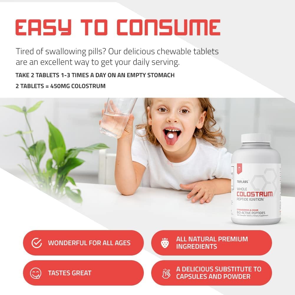 TBR Labs Bovine Colostrum Powder – Grass-Fed, Strawberries & Cream, 180 Tablets (90 Servings)