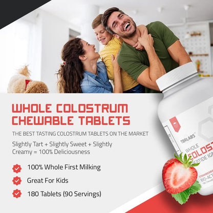 TBR Labs Bovine Colostrum Powder – Grass-Fed, Strawberries & Cream, 180 Tablets (90 Servings)