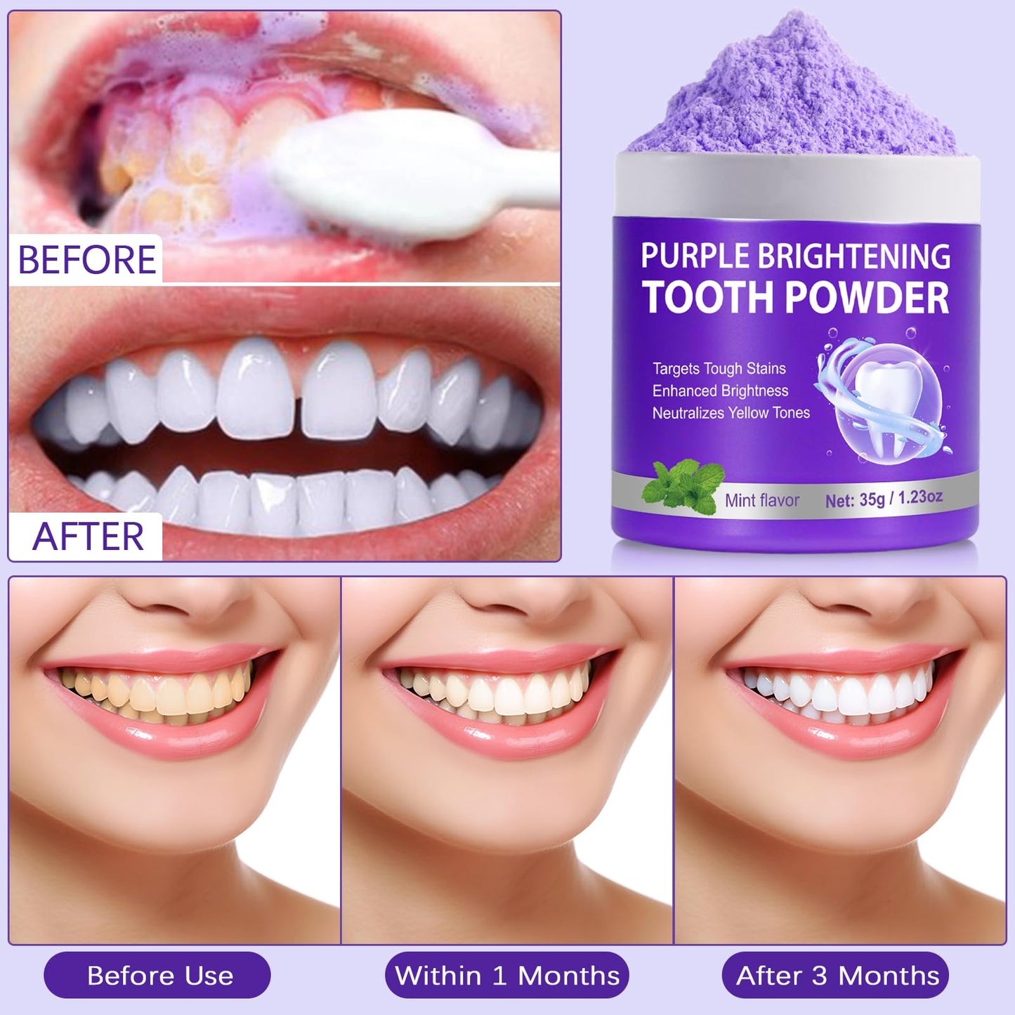 3Pcs Purple Teeth Whitening Powder – Purple Brightening, No Sensitivity, Fresh Mint