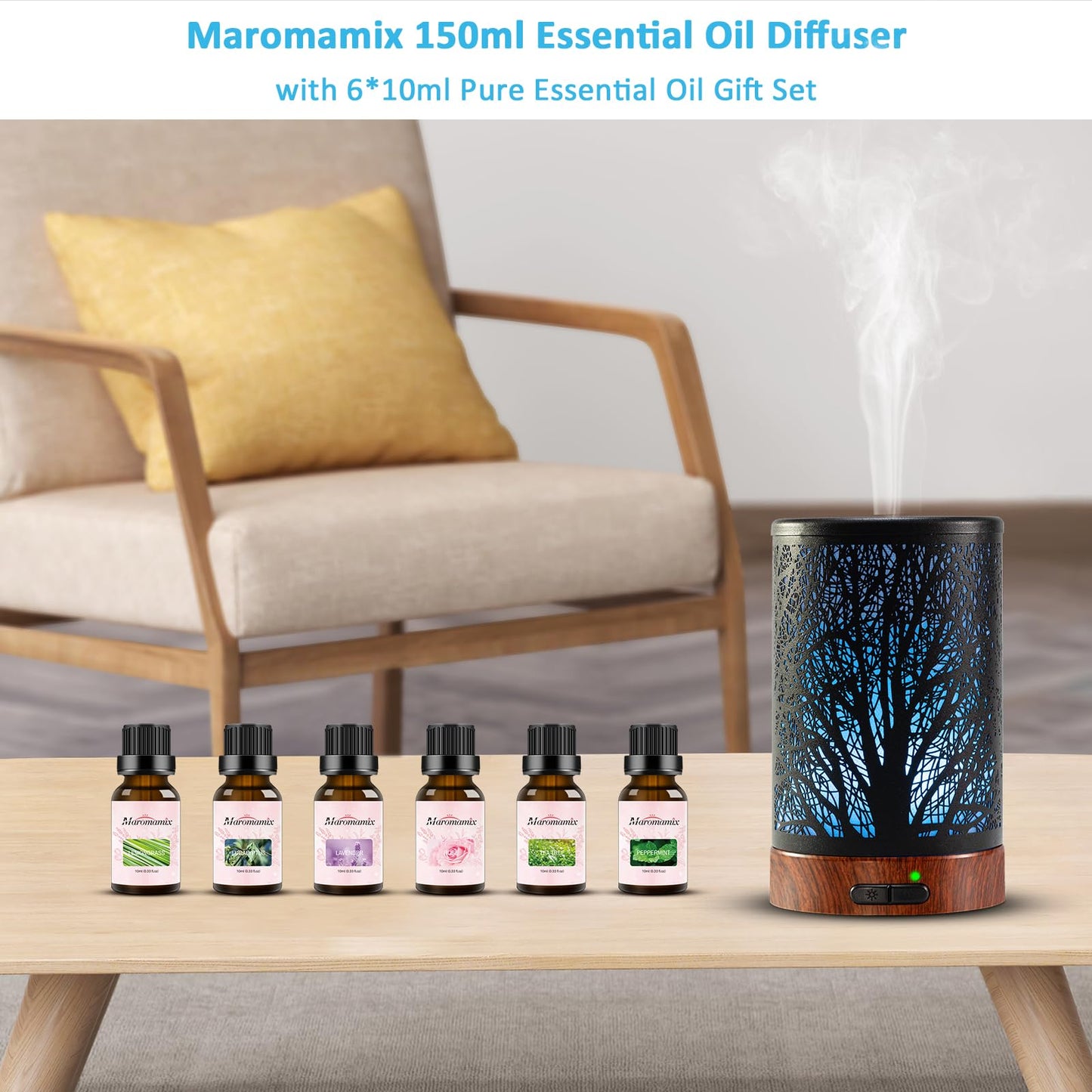 Oil Diffuser & Essential Oils Set (150ml) – 6 Oils, Auto Shut-Off, 7-Color Night Light | Gifts for Mom