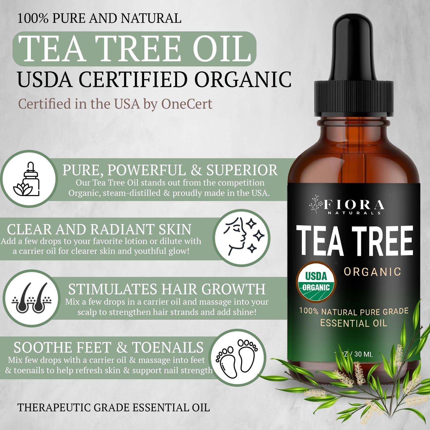 Tea Tree Oil 100% Pure Organic Essential Oil – Fiora Naturals, 1 fl oz