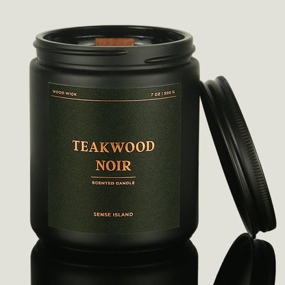 Teakwood Noir Crackling Wood Wick Candle – Mahogany Scent, Luxury Black Jar Soy Candle