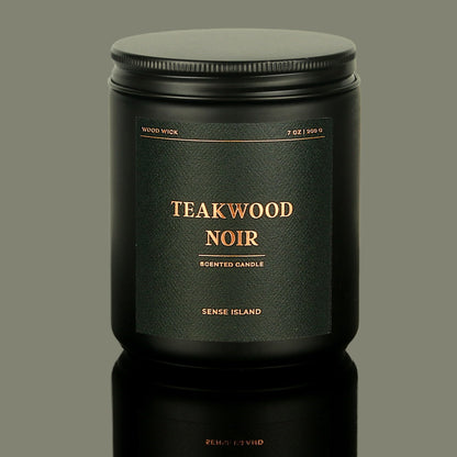 Teakwood Noir Crackling Wood Wick Candle – Mahogany Scent, Luxury Black Jar Soy Candle