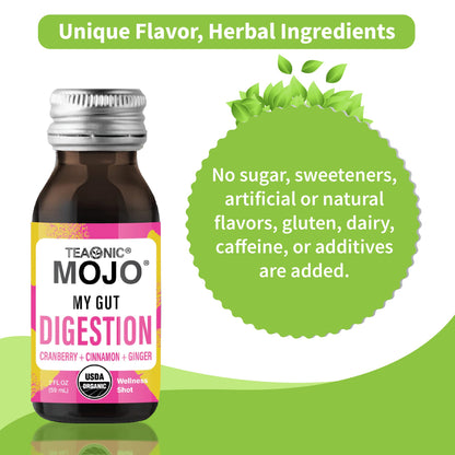 TEAONIC My Gut Mojo: Digestive Detox Drinks – Cranberry, Ginger, Cinnamon | USDA-Certified, Sugar-Free, Caffeine-Free | 12 x 2oz Bottles