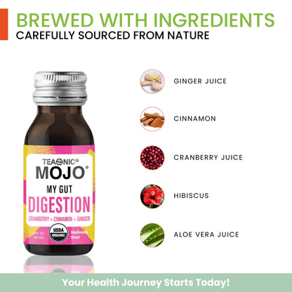 TEAONIC My Gut Mojo: Digestive Detox Drinks – Cranberry, Ginger, Cinnamon | USDA-Certified, Sugar-Free, Caffeine-Free | 12 x 2oz Bottles