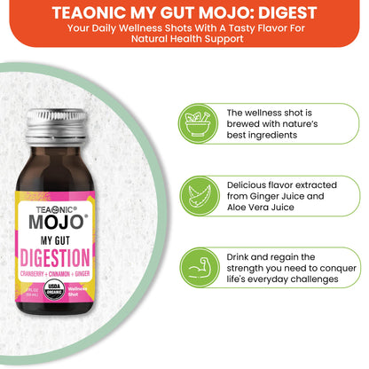 TEAONIC My Gut Mojo: Digestive Detox Drinks – Cranberry, Ginger, Cinnamon | USDA-Certified, Sugar-Free, Caffeine-Free | 12 x 2oz Bottles