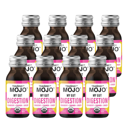 TEAONIC My Gut Mojo: Digestive Detox Drinks – Cranberry, Ginger, Cinnamon | USDA-Certified, Sugar-Free, Caffeine-Free | 12 x 2oz Bottles