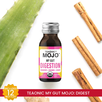 TEAONIC My Gut Mojo: Digestive Detox Drinks – Cranberry, Ginger, Cinnamon | USDA-Certified, Sugar-Free, Caffeine-Free | 12 x 2oz Bottles