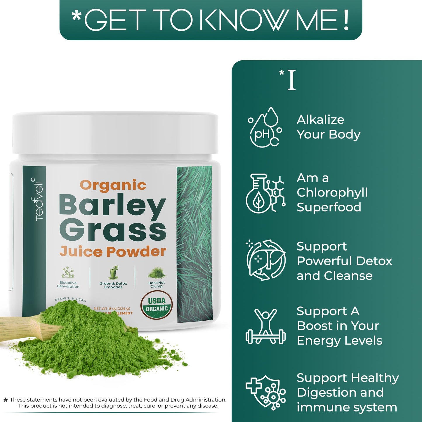 Teaveli Organic Barley Grass Juice Powder – Raw Utah-Grown, Gluten-Free Detox, 8 oz (226 g)