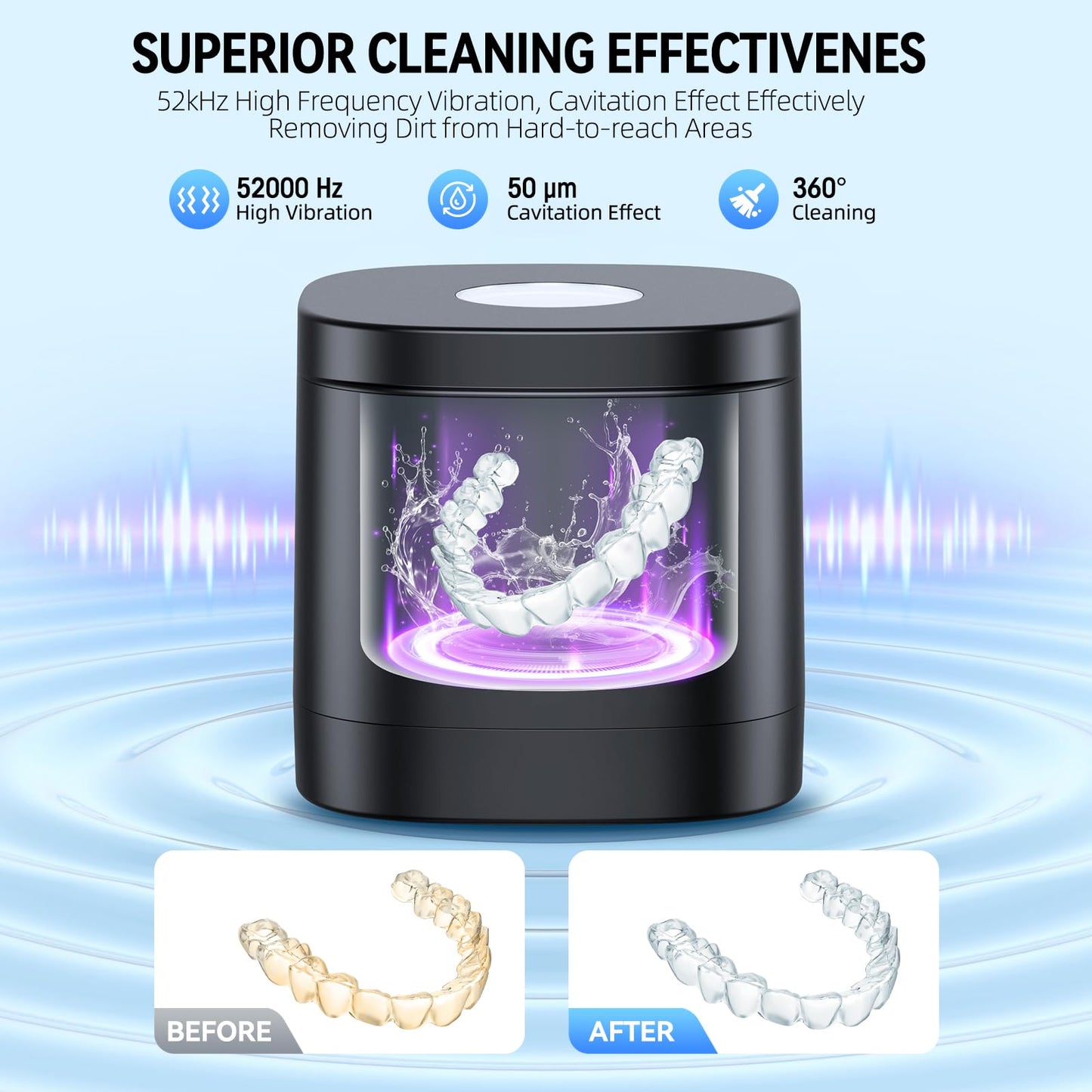 TEBAL Ultrasonic Retainer Cleaner – 52kHz, 250ml Capacity, for Retainers, Braces, Dentures, Jewelry