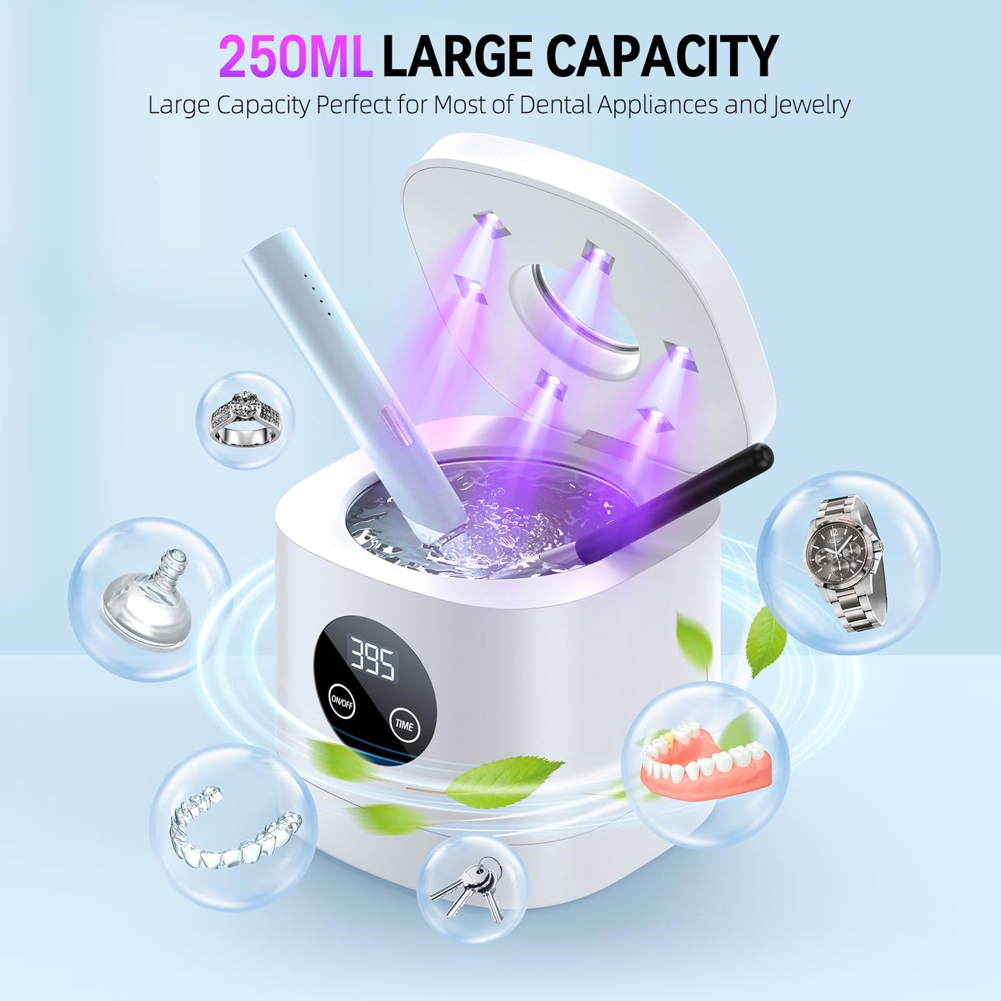 TEBAL Ultrasonic Retainer Cleaner Machine – 52kHz, 250ml, White