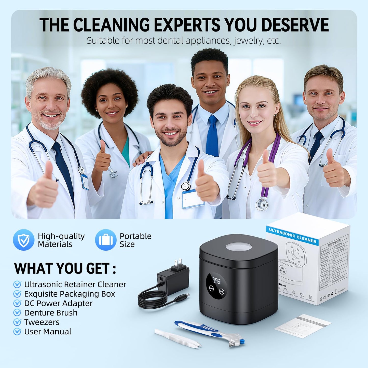 TEBAL Ultrasonic Retainer Cleaner – 52kHz, 250ml Capacity, for Retainers, Braces, Dentures, Jewelry