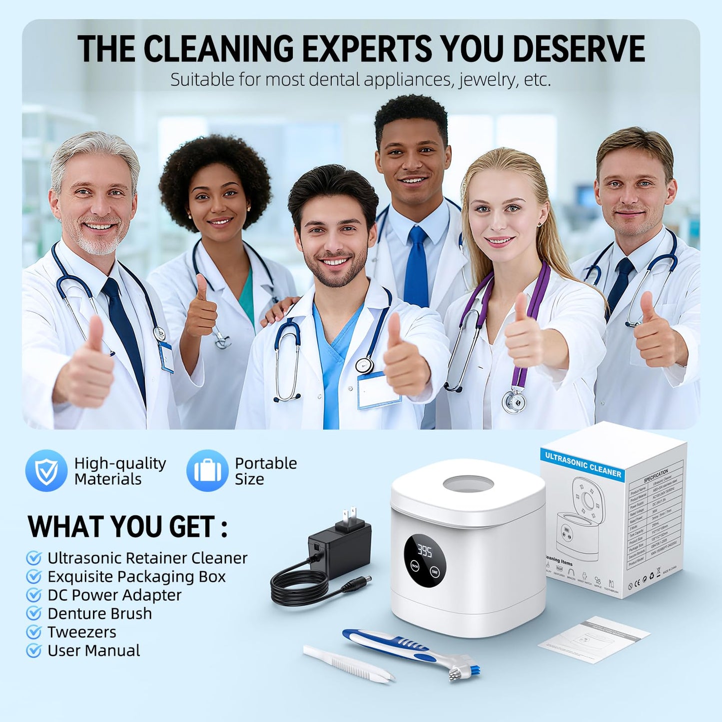 TEBAL Ultrasonic Retainer Cleaner Machine – 52kHz, 250ml, White