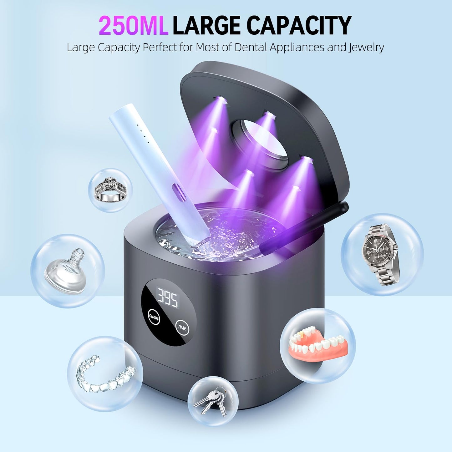 TEBAL Ultrasonic Retainer Cleaner – 52kHz, 250ml, for Retainers & More | Black
