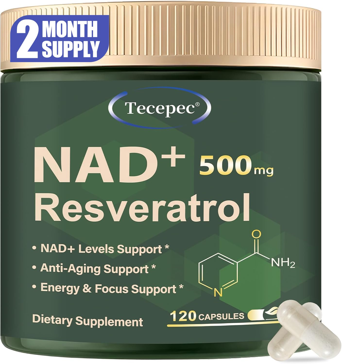 Tecepec NAD+ 650mg Liposomal Supplement with Resveratrol – 120 Vegan Capsules
