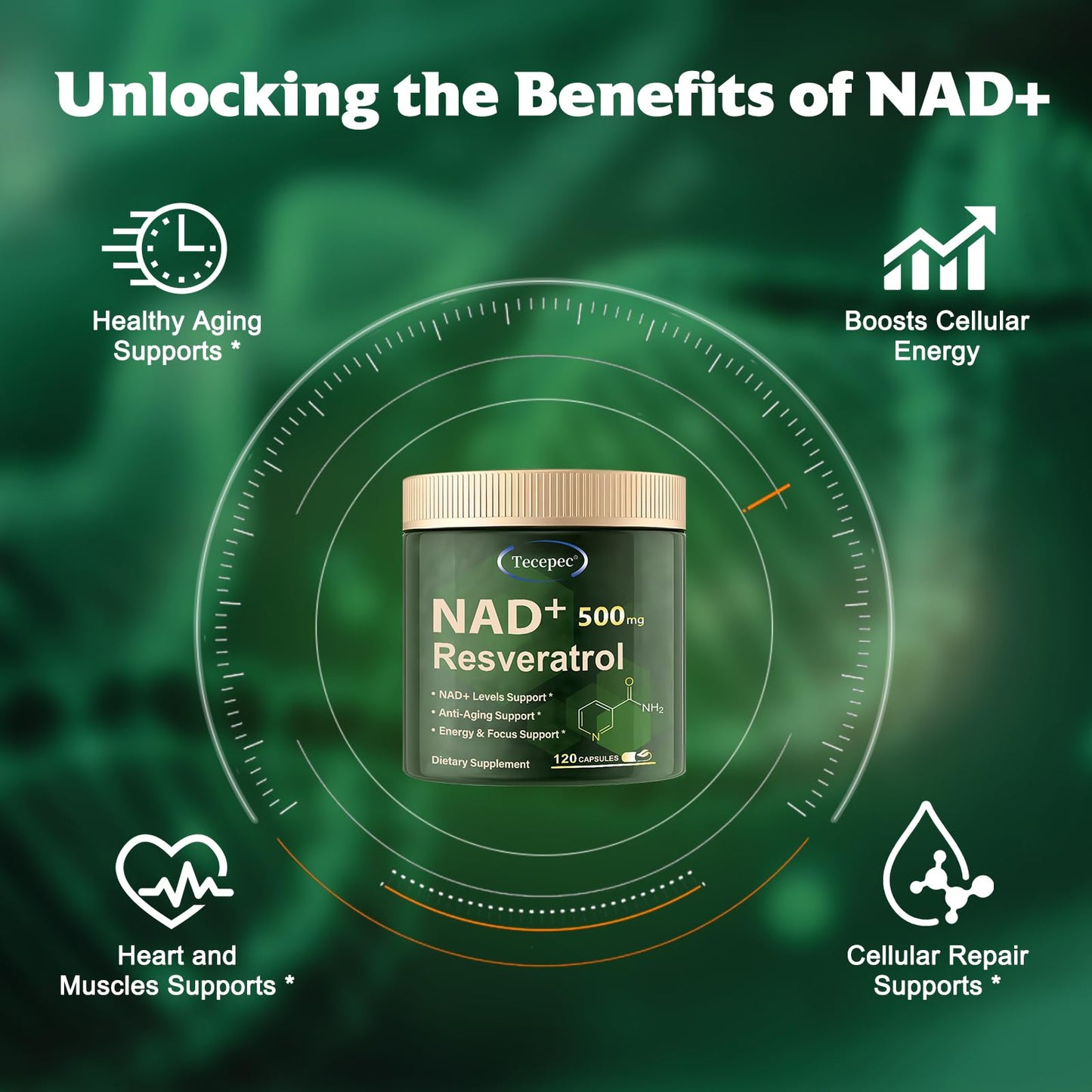 Tecepec NAD+ 650mg Liposomal Supplement with Resveratrol – 120 Vegan Capsules
