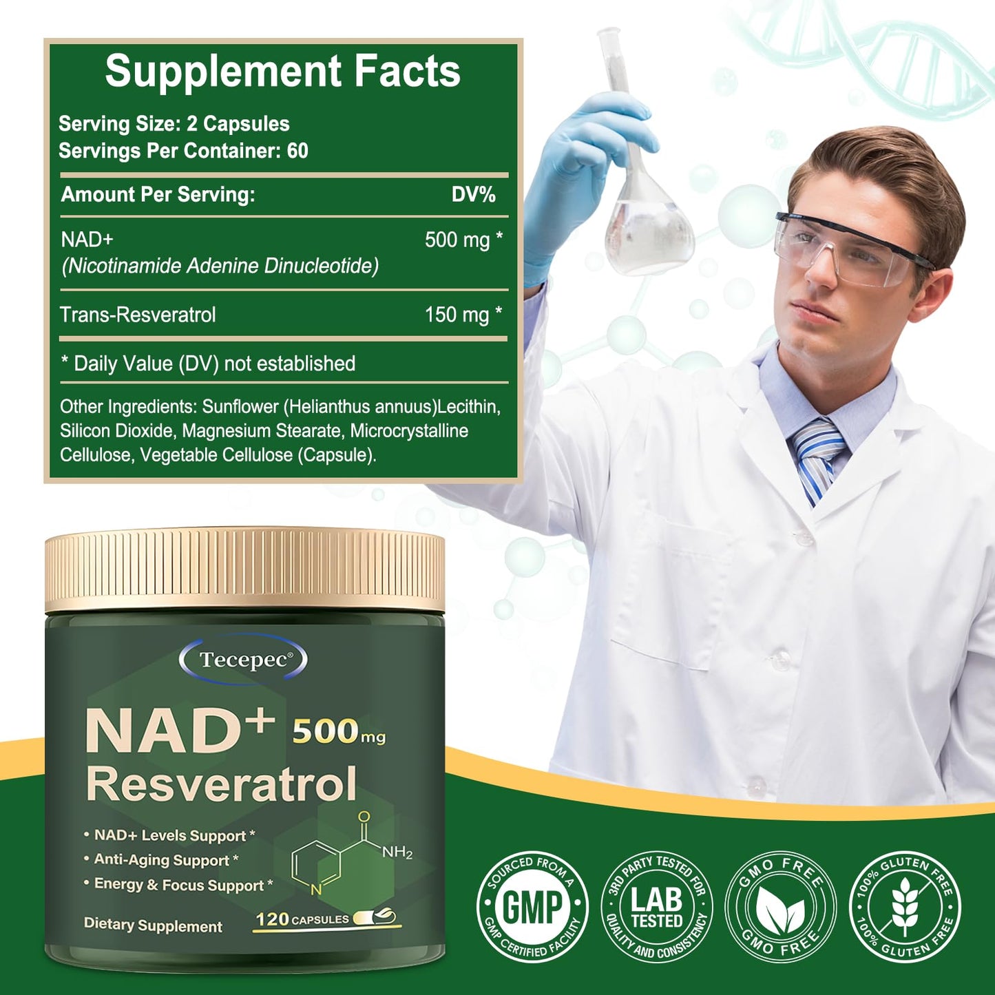 Tecepec NAD+ 650mg Liposomal Supplement with Resveratrol – 120 Vegan Capsules