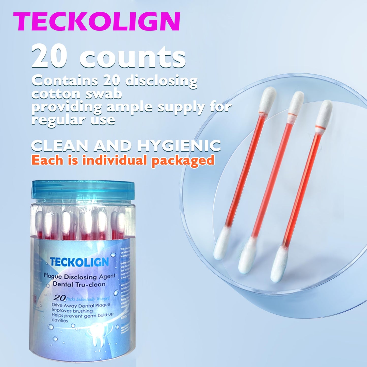 Teckolign Plaque Disclosing Agent – 20 Cotton Swabs for Kids & Adults | Dental Care Kit