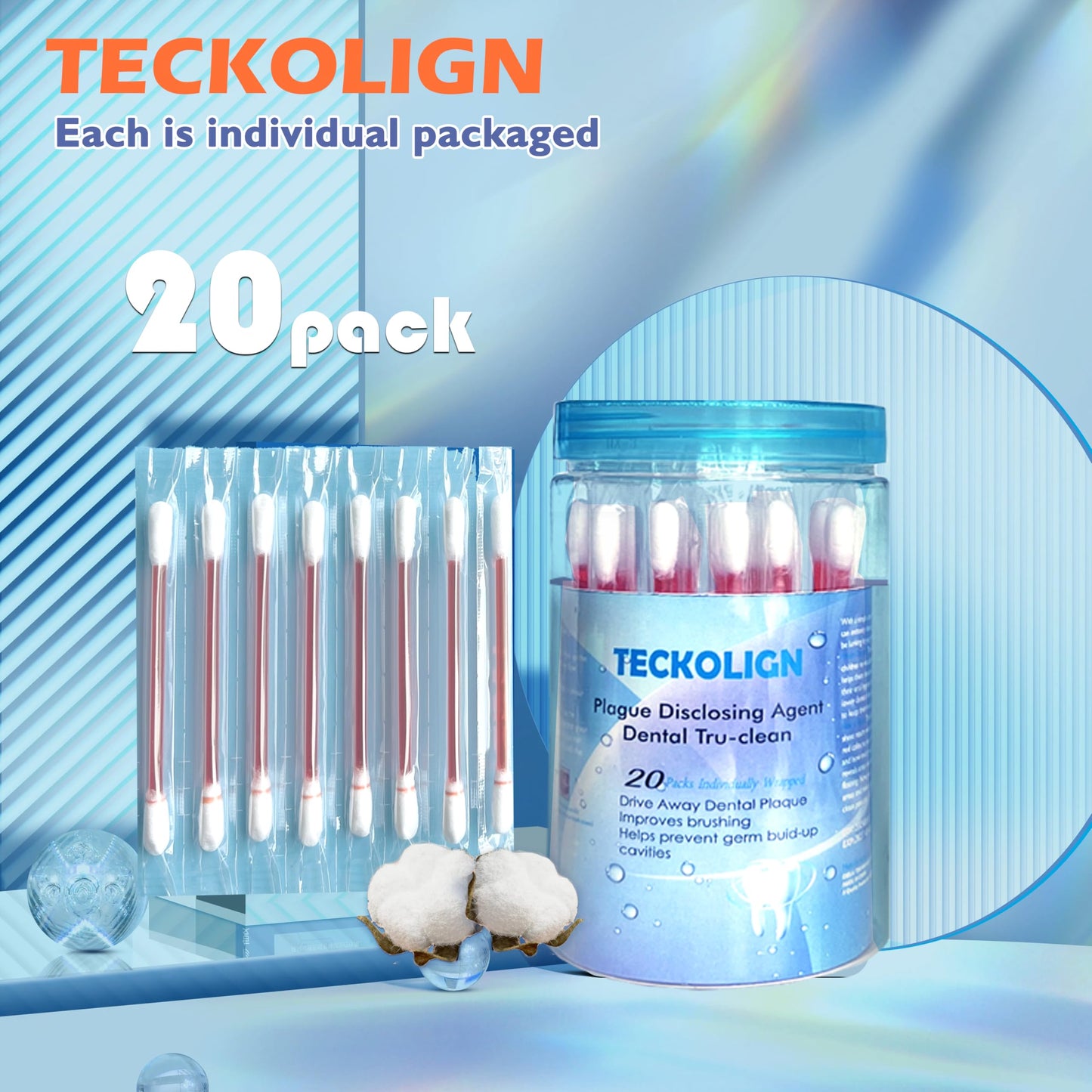 Teckolign Plaque Disclosing Agent – 20 Cotton Swabs for Kids & Adults | Dental Care Kit