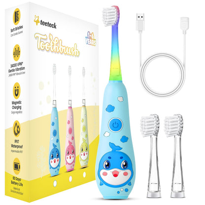 Teeteck Electric Toothbrush for Kids - Magnetic Charging, 2 Brush Heads Included (Blue) | Ages 1-6