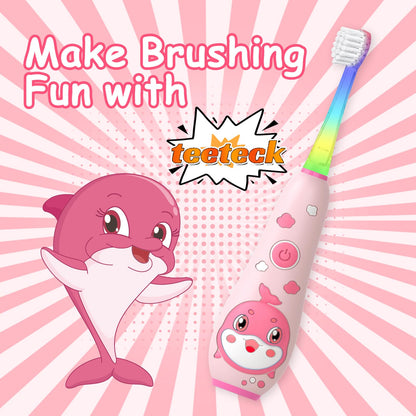 teeteck Kids Electric Toothbrush Pink - Magnetic Charging, 2 Brush Heads, USB Cable | Ages 1-6