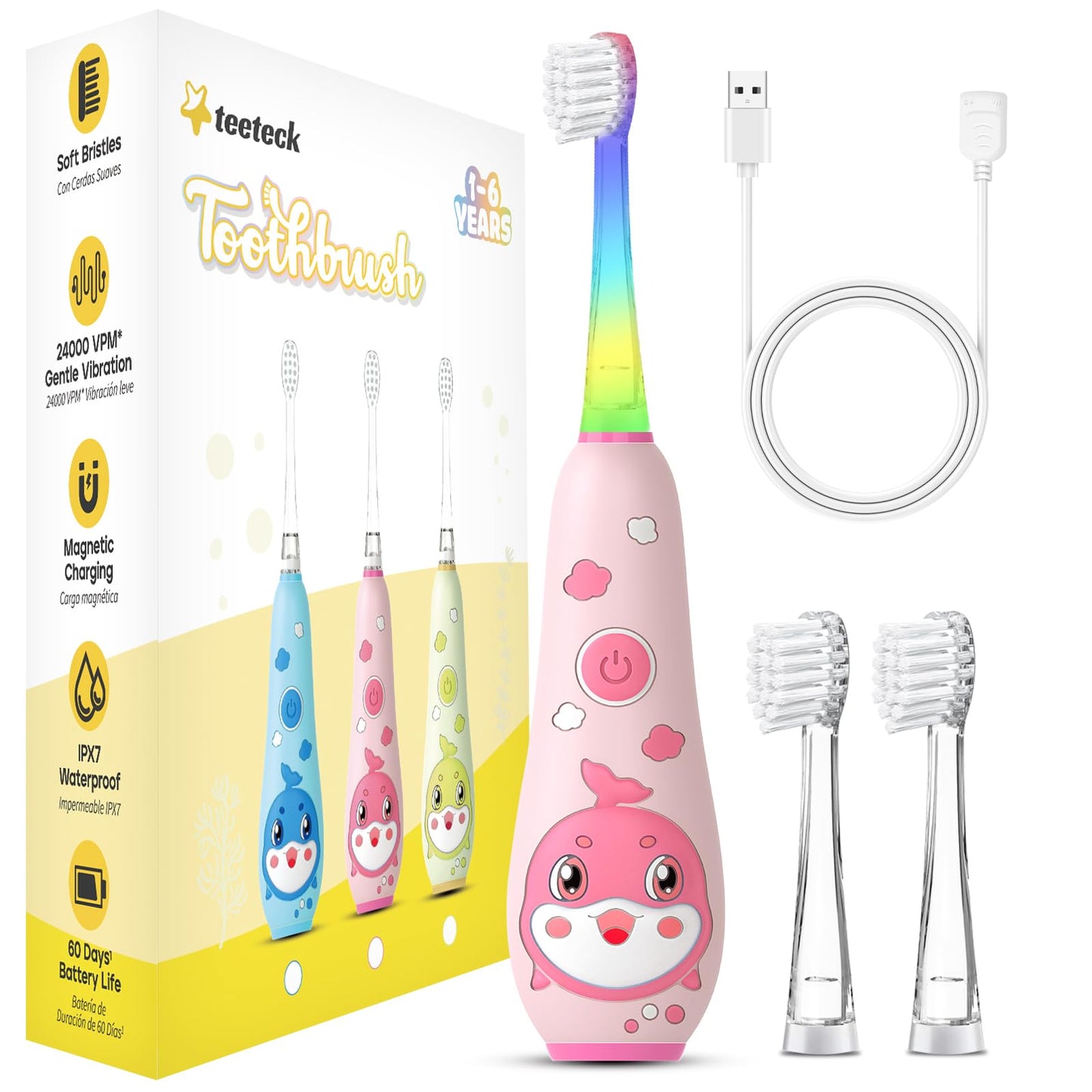 teeteck Kids Electric Toothbrush Pink - Magnetic Charging, 2 Brush Heads, USB Cable | Ages 1-6