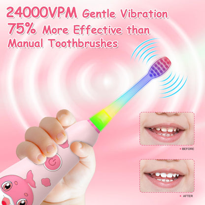 teeteck Kids Electric Toothbrush Pink - Magnetic Charging, 2 Brush Heads, USB Cable | Ages 1-6