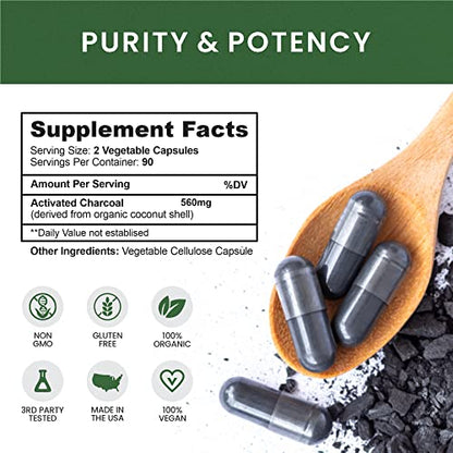 Pure Coconut Activated Charcoal Capsules - 180 Count | Teeth Whitening, Bloating & Cleansing