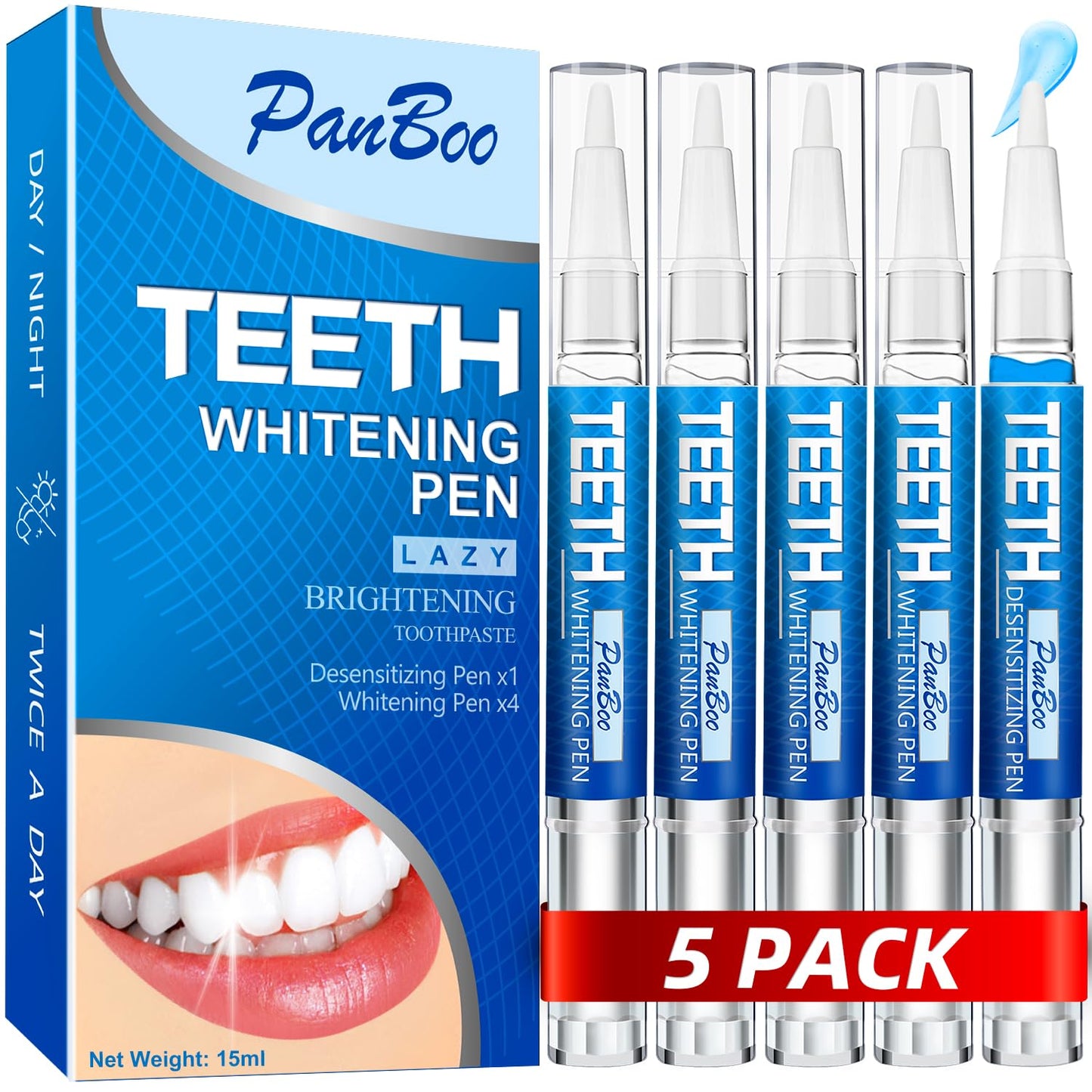 Teeth Whitening Pen 5-Pack – 70+ Treatments, 1–6 Shade Whiter in 1–2 Weeks