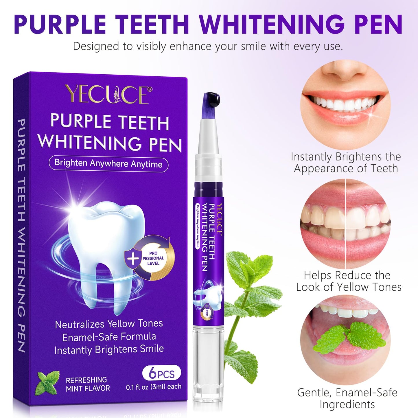 Teeth Whitening Pen Kit (6 Pens) – 80+ Treatments, Mint, Low Sensitivity