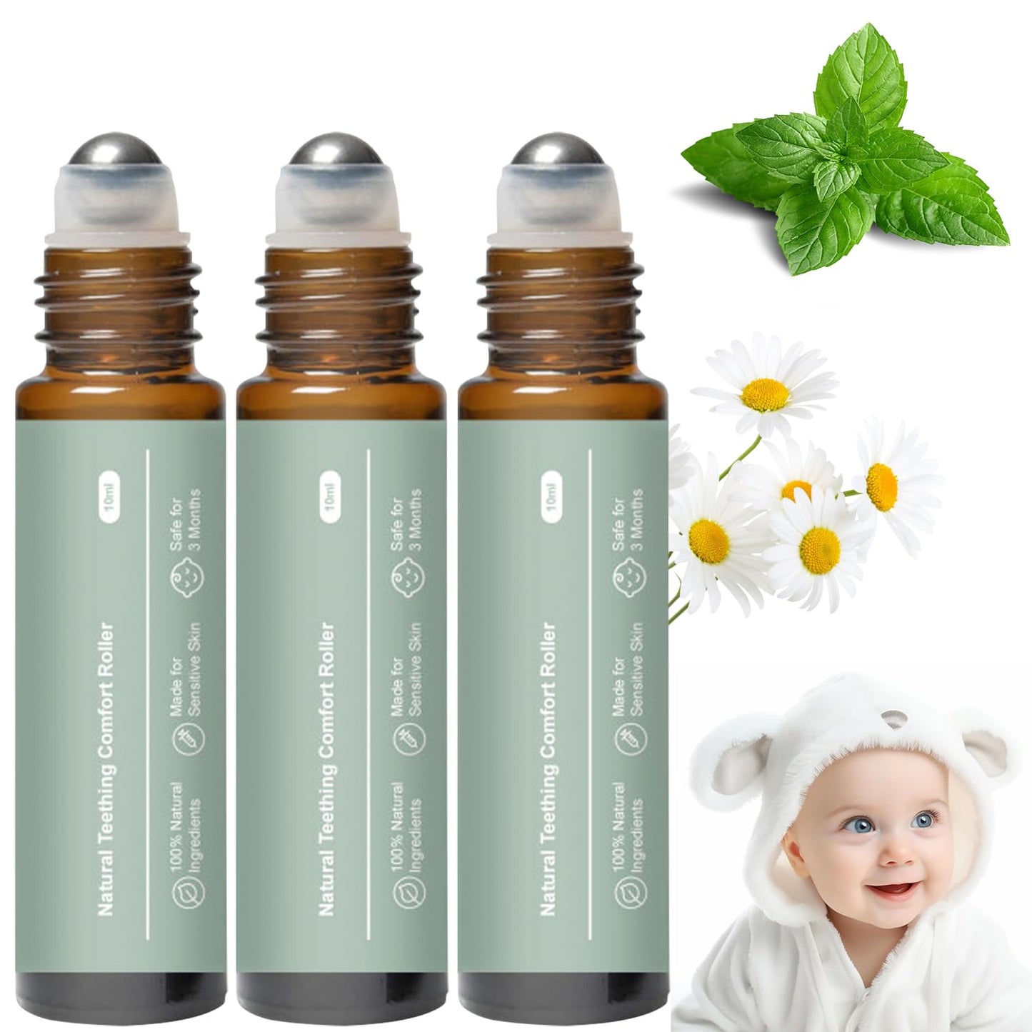 Teething Roller for Babies - All Natural Chamomile & Rose Oil (3 PCS)