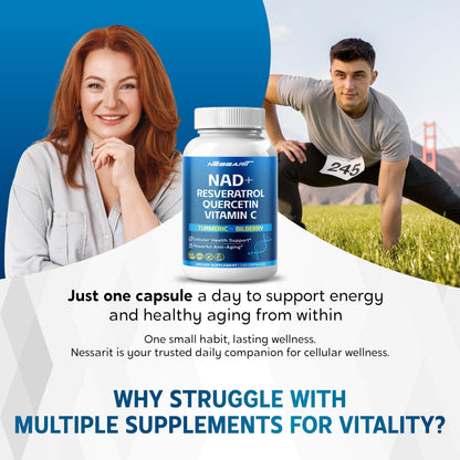 NAD+ Resveratrol Supplement - 10-in-1 Natural Blend with Quercetin, Turmeric, Berberine, Bilberry, Green Tea - 150 Count - Made & Tested in the USA