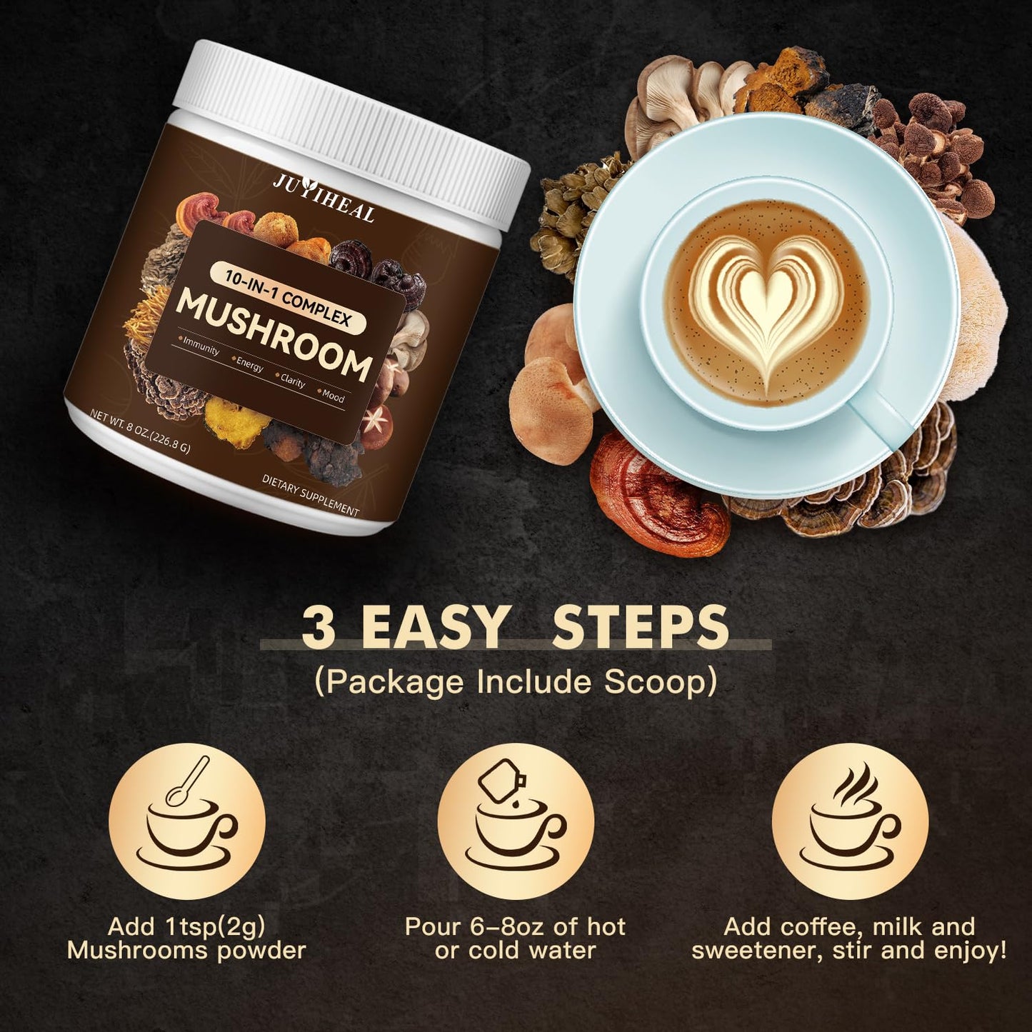 10-in-1 Mushroom Powder Complex – Lions Mane, Reishi, Chaga, Turkey Tail | 8oz