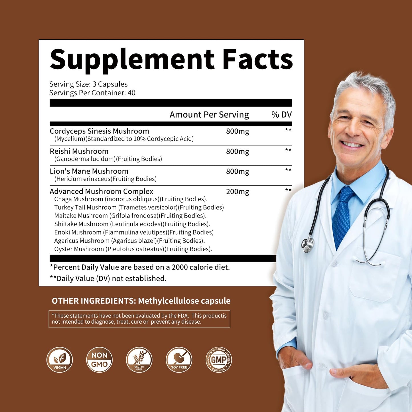 Mushroom Complex 2600mg - 120 Capsules | 10-Mushroom Blend (Reishi, Lions Mane, Cordyceps)