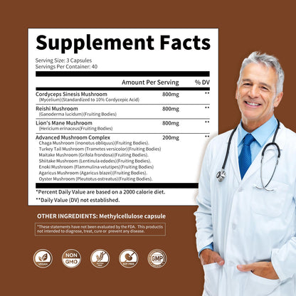 Mushroom Complex 2600mg - 120 Capsules | 10-Mushroom Blend (Reishi, Lions Mane, Cordyceps)