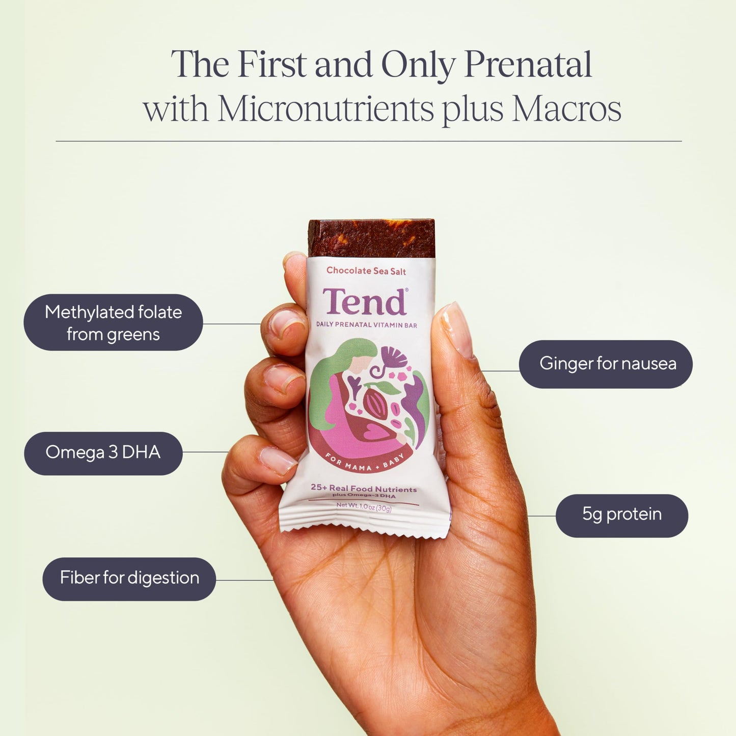 Tend Daily Prenatal Vitamin Bar – Organic DHA & Folate (Chocolate Sea Salt, 7ct)