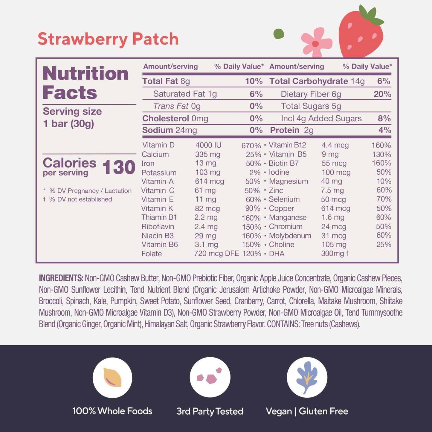 Tend Daily Prenatal Vitamin Bar – Organic, DHA, Folate, Vitamin D, B Vitamins & Choline | Strawberry Patch 7ct