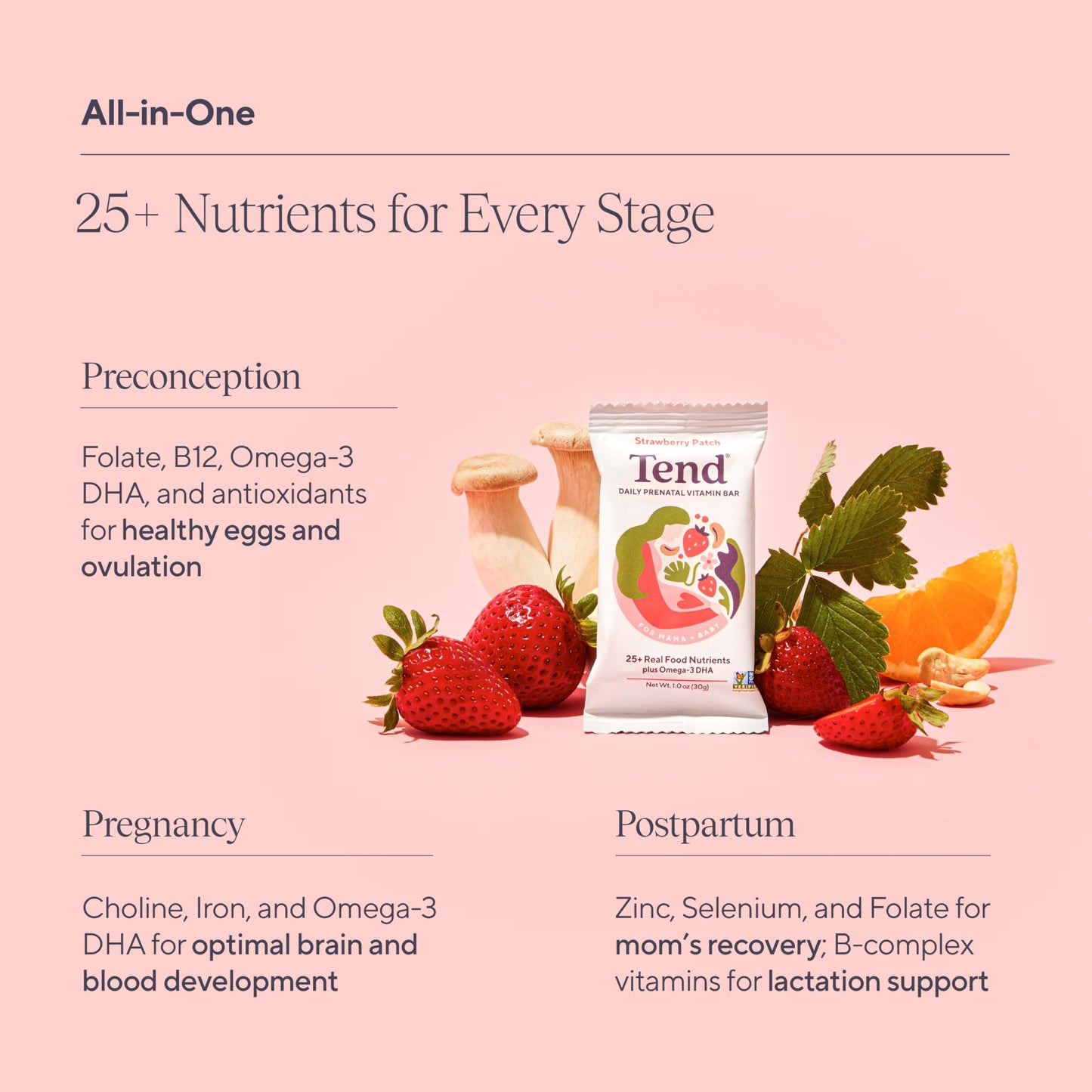 Tend Daily Prenatal Vitamin Bar – Organic, DHA, Folate, Vitamin D, B Vitamins & Choline | Strawberry Patch 7ct