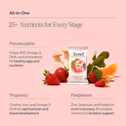 Tend Daily Prenatal Vitamin Bar – Organic, DHA, Folate, Vitamin D, B Vitamins & Choline | Strawberry Patch 7ct