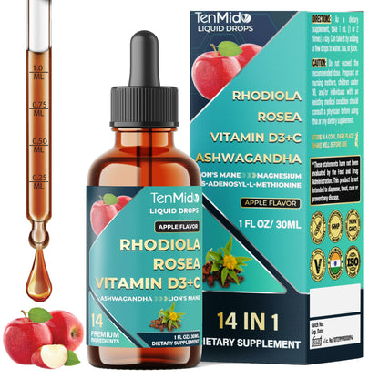 Tenmido 14in1 Rhodiola Rosea Tincture – Ashwagandha, Lion's Mane, Magnesium Glycinate/Citrate/Malate, L-Theanine & SAMe | 30ml
