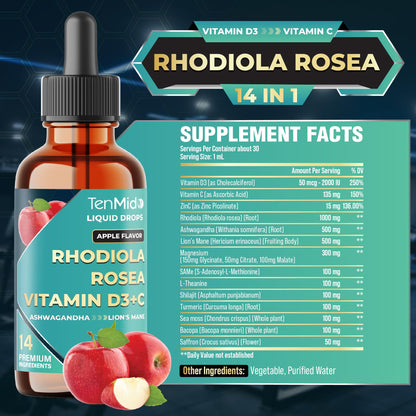 Tenmido 14in1 Rhodiola Rosea Tincture – Ashwagandha, Lion's Mane, Magnesium Glycinate/Citrate/Malate, L-Theanine & SAMe | 30ml