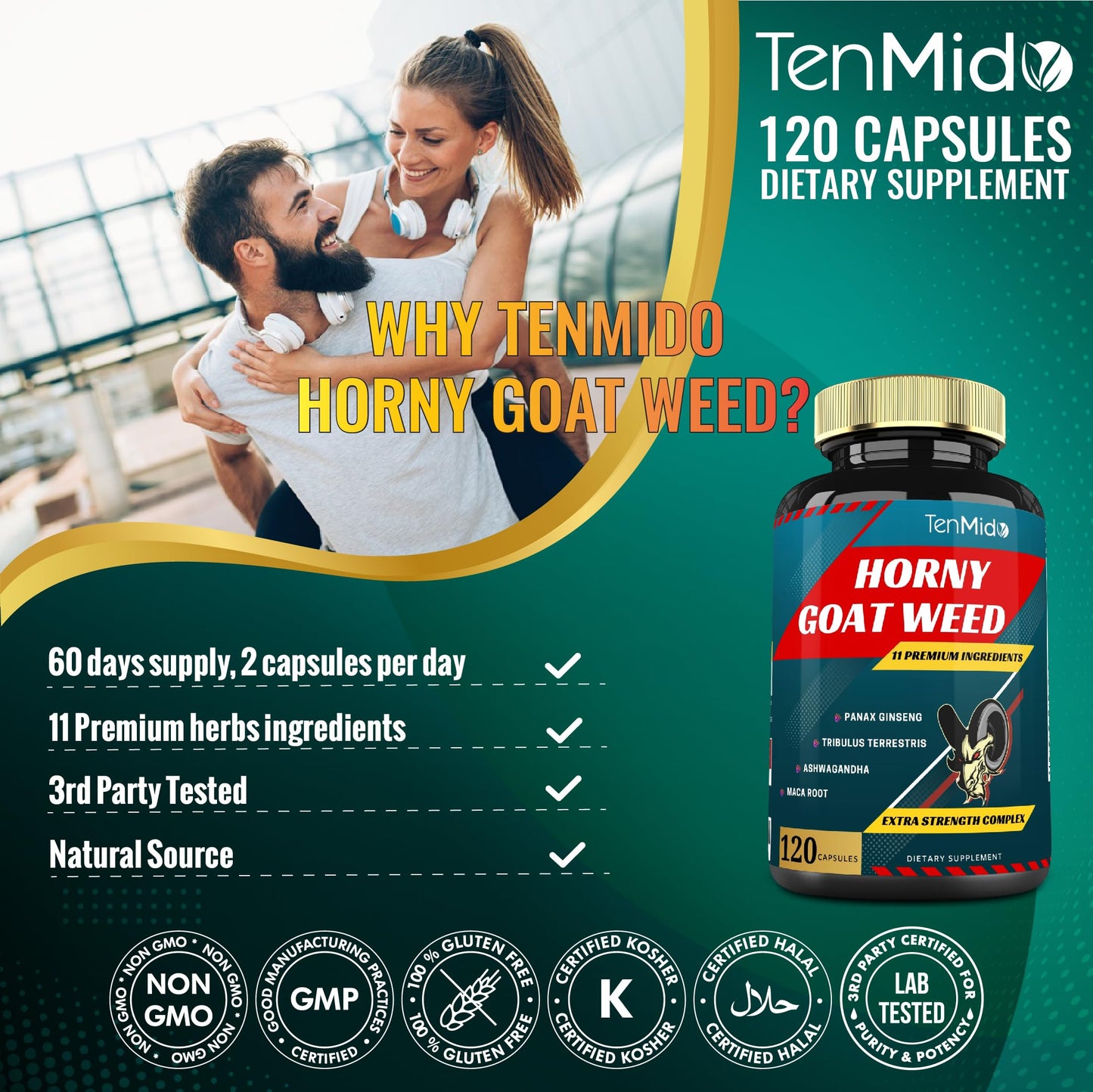 Tenmido Horny Goat Weed Extract Capsules 10000mg – Ginseng, Tribulus, Ashwagandha, Maca, Tongkat, 120 Caps