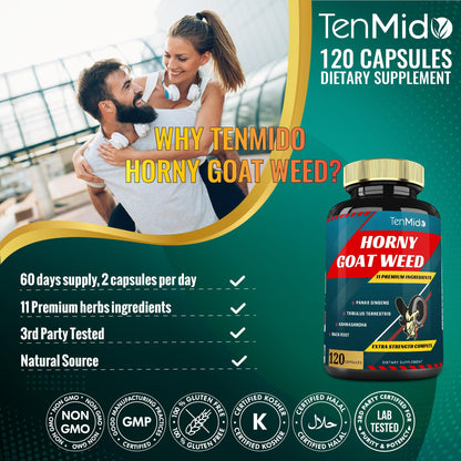 Tenmido Horny Goat Weed Extract Capsules 10000mg – Ginseng, Tribulus, Ashwagandha, Maca, Tongkat, 120 Caps