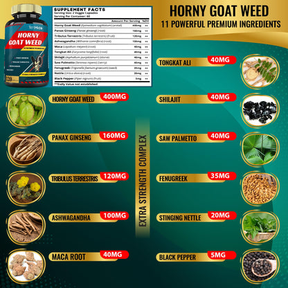 Tenmido Horny Goat Weed Extract Capsules 10000mg – Ginseng, Tribulus, Ashwagandha, Maca, Tongkat, 120 Caps