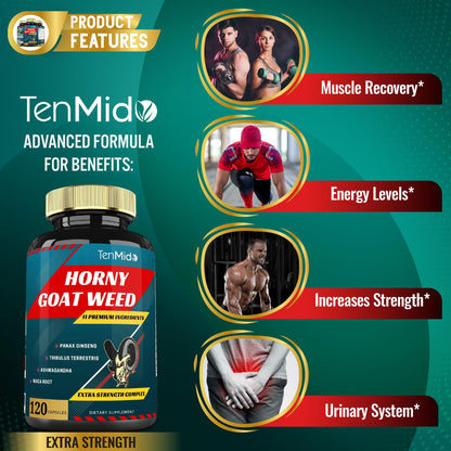 Tenmido Horny Goat Weed Extract Capsules 10000mg – Ginseng, Tribulus, Ashwagandha, Maca, Tongkat, 120 Caps