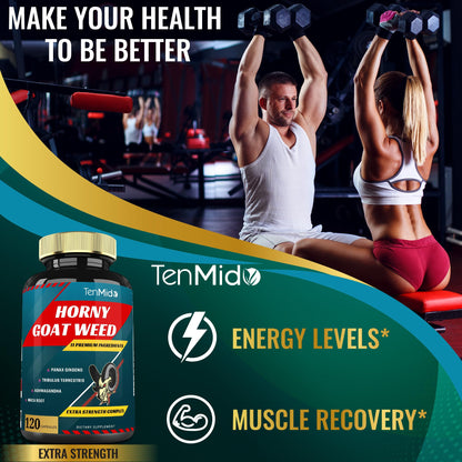 Tenmido Horny Goat Weed Extract Capsules 10000mg – Ginseng, Tribulus, Ashwagandha, Maca, Tongkat, 120 Caps