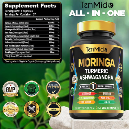 Tenmido Moringa Oleifera Supplement – 10-in-1 Formula for Energy & Immune Support | 150 Capsules