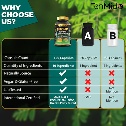 Tenmido Moringa Oleifera Supplement – 10-in-1 Formula for Energy & Immune Support | 150 Capsules
