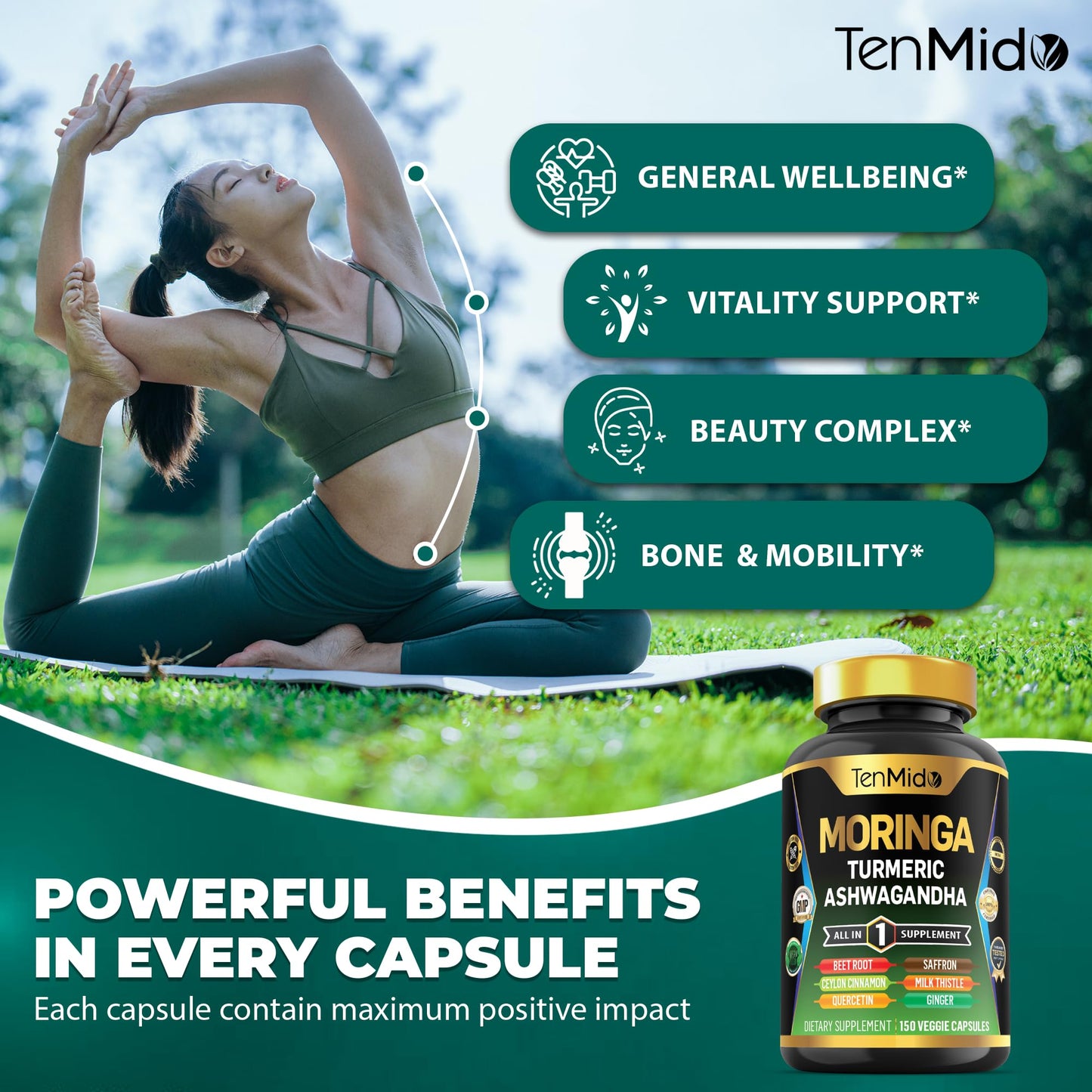 Tenmido Moringa Oleifera Supplement – 10-in-1 Formula for Energy & Immune Support | 150 Capsules