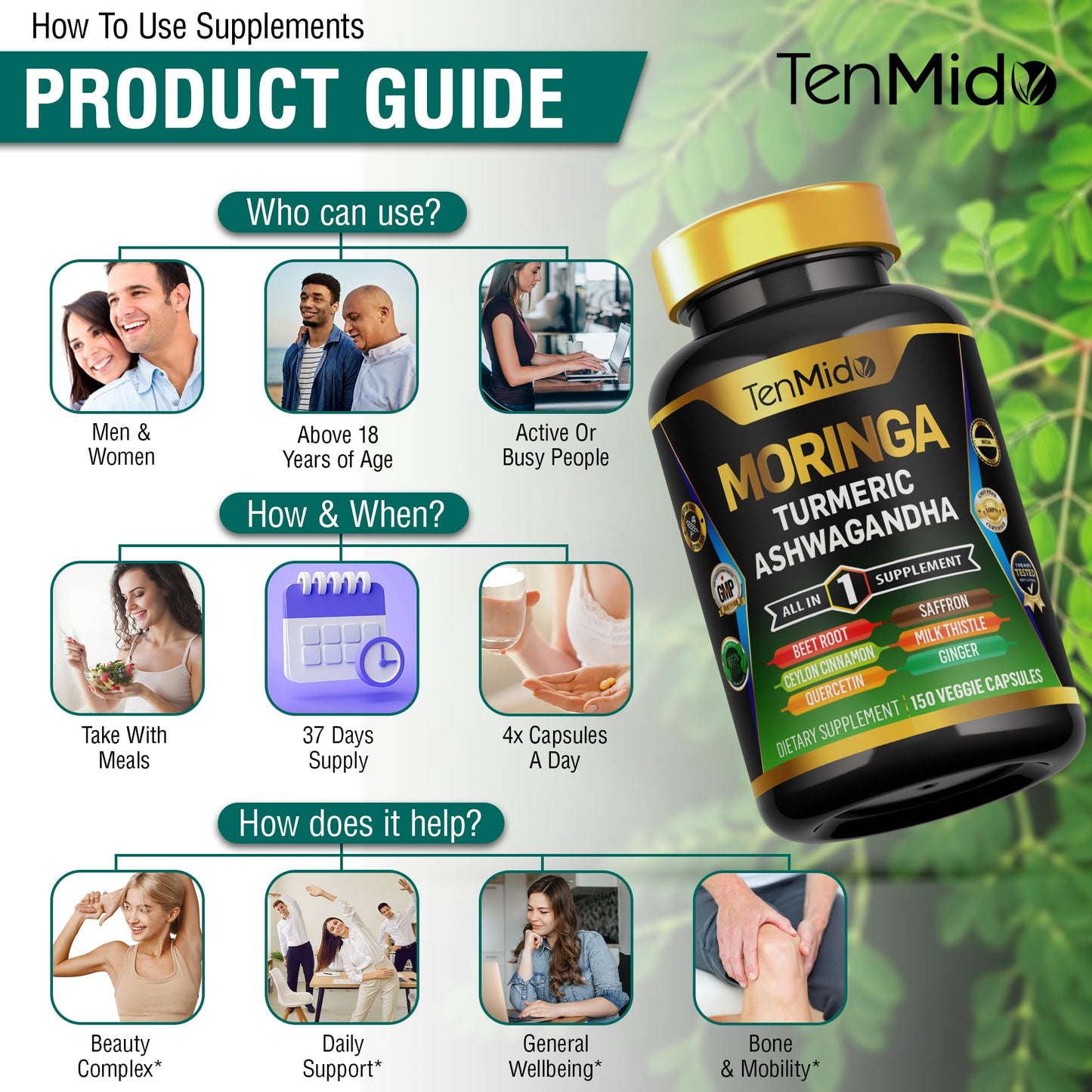 Tenmido Moringa Oleifera Supplement – 10-in-1 Formula for Energy & Immune Support | 150 Capsules